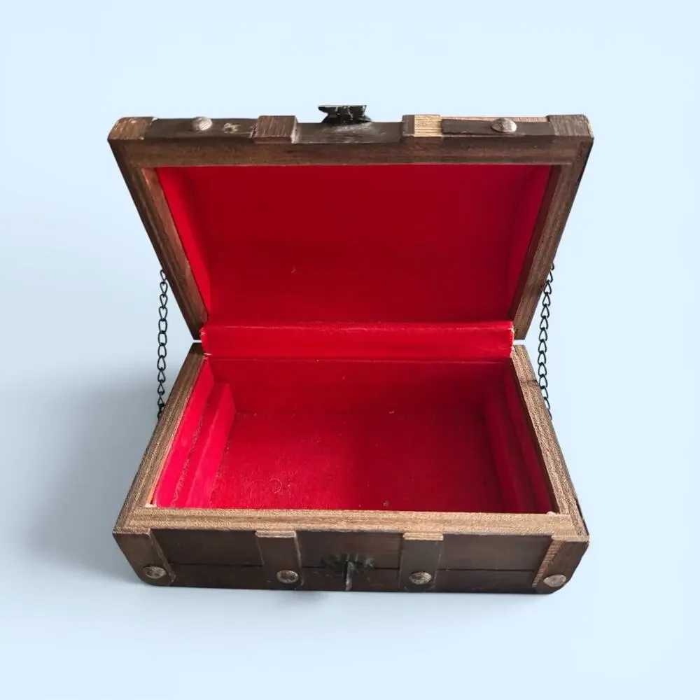 Wooden Pirate Style Jewelry Box Velvet Lined Removable Tray Decorative Lock